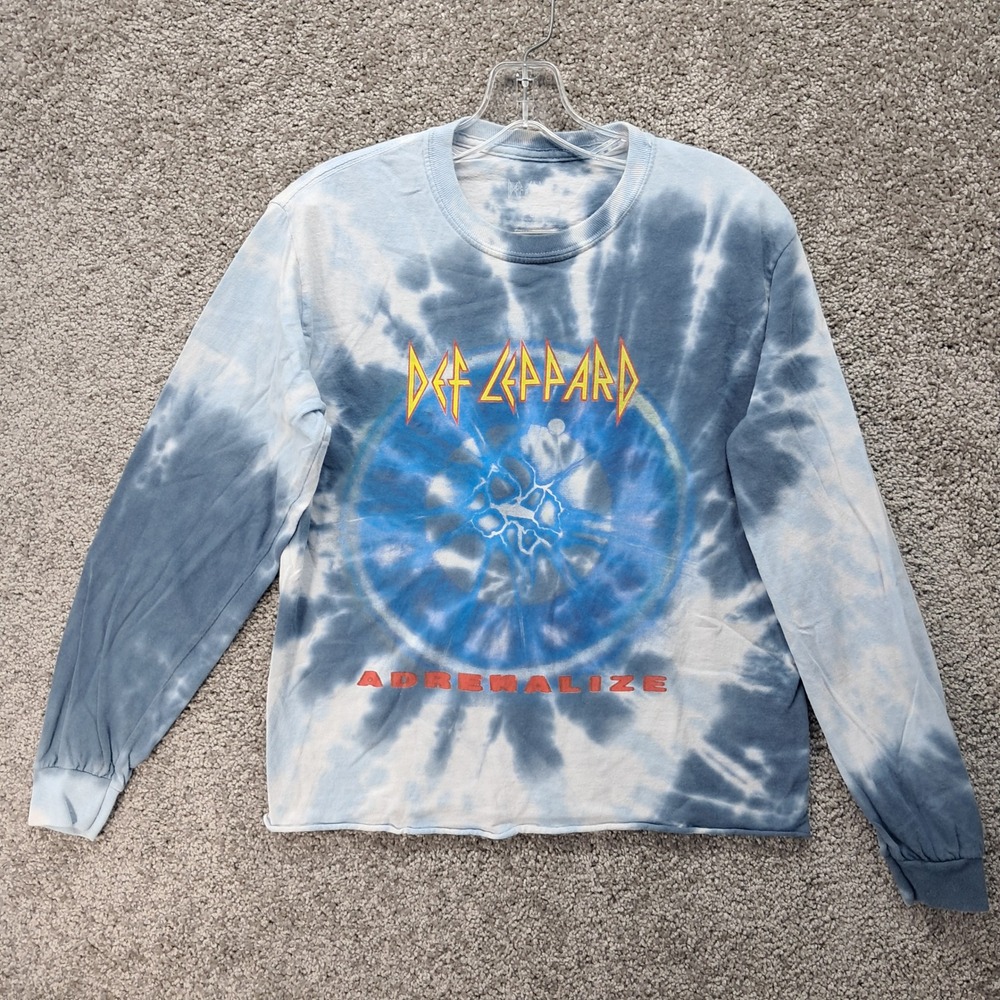 Def Leppard Adrenalize Blue Tie Dye Long Sleeve Graphic Shirt Raw Hem Womens